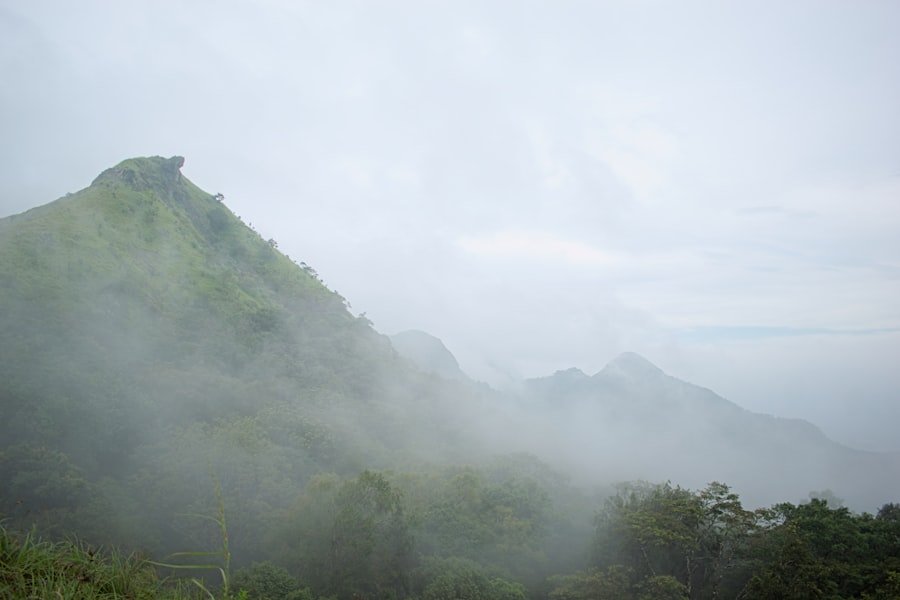 A foggy mountain landscape at dawn